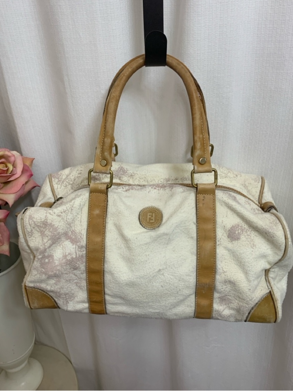FENDI VINTAGE DUFFLE Project Bag Cream Canvas with Tan Leather Brass
